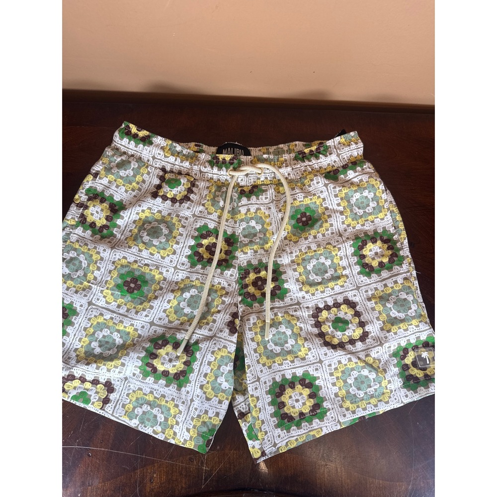 Malibu by Drill Clothing Co Mens Green Crochet‎ Print Swim Trunks Size M